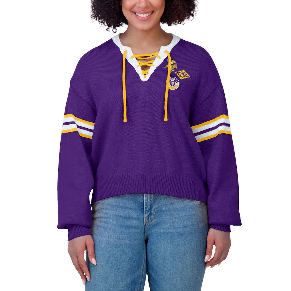 WEAR by Erin Andrews Women's Lace-Up Sweater - Minnesota Vikings