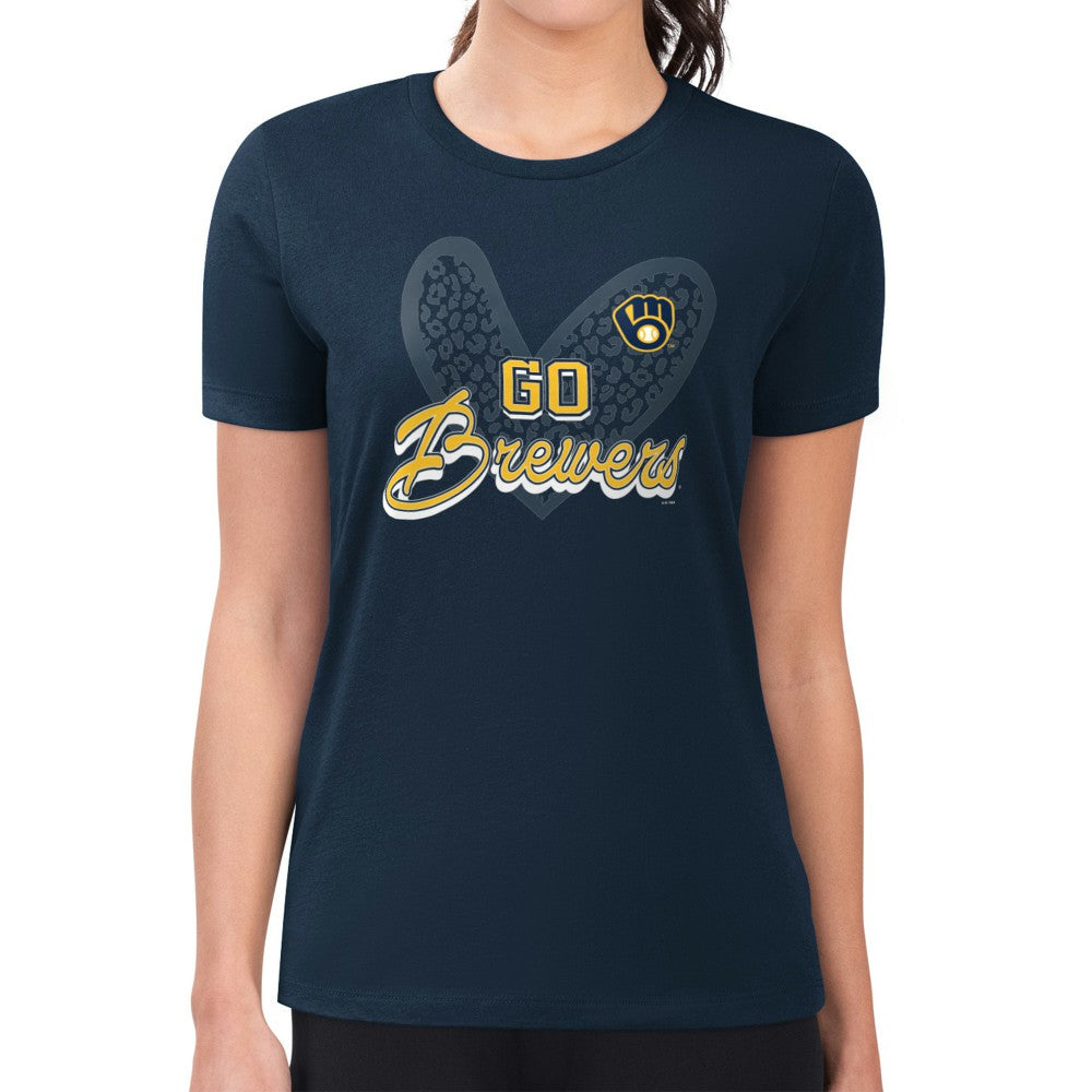 Navy Milwaukee Brewers G-III 4Her by Carl Banks Women's Super-Slim Fit Lightweight Leopard Heart T-Shirt