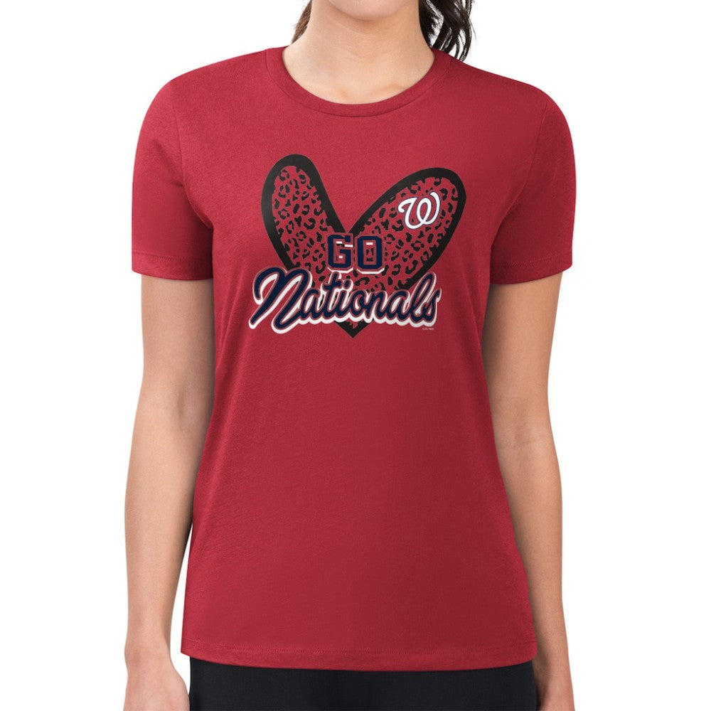 Red Washington Nationals G-III 4Her by Carl Banks Women's Super-Slim Fit Lightweight Leopard Heart T-Shirt