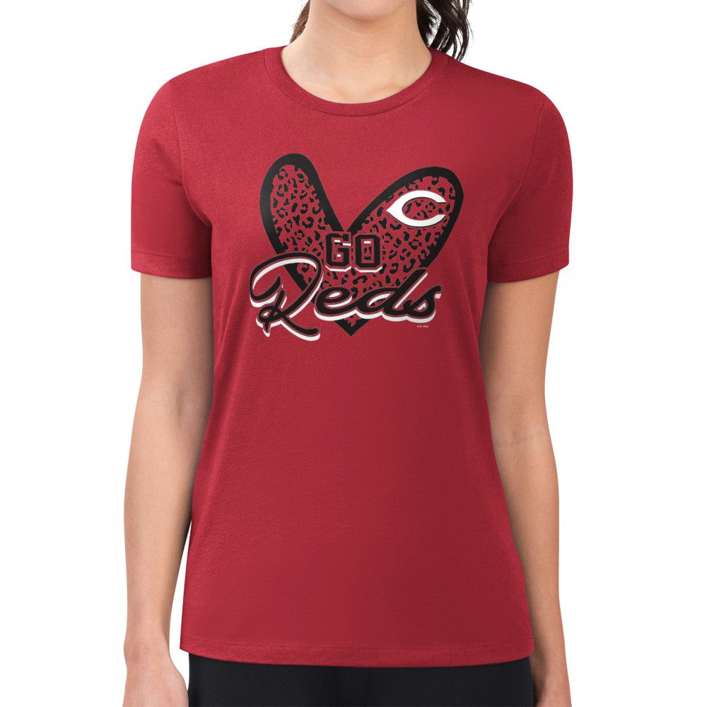 Red Cincinnati Reds G-III 4Her by Carl Banks Women's Super-Slim Fit Lightweight Leopard Heart T-Shirt