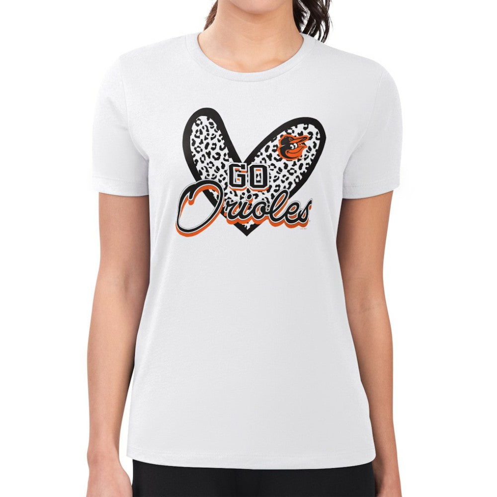 White Baltimore Orioles G-III 4Her by Carl Banks Women's Super-Slim Fit Lightweight Leopard Heart T-Shirt