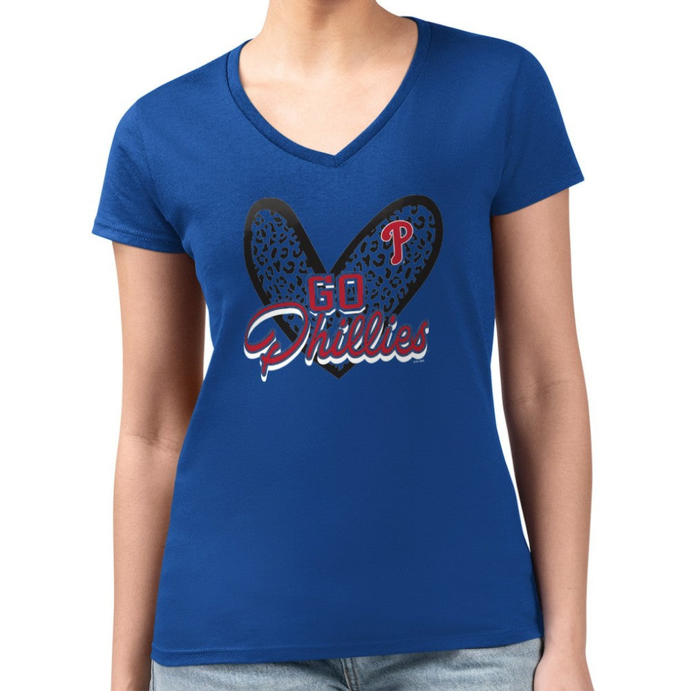 Royal Philadelphia Phillies G-III 4Her by Carl Banks Women's Super-Slim Fit Lightweight Leopard Heart V-Neck T-Shirt