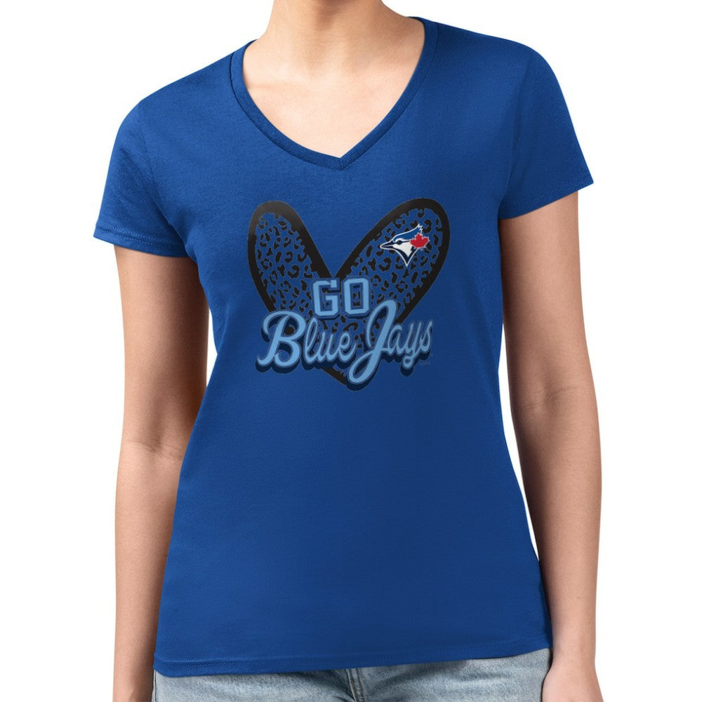 Royal Toronto Blue Jays G-III 4Her by Carl Banks Women's Super-Slim Fit Lightweight Leopard Heart V-Neck T-Shirt