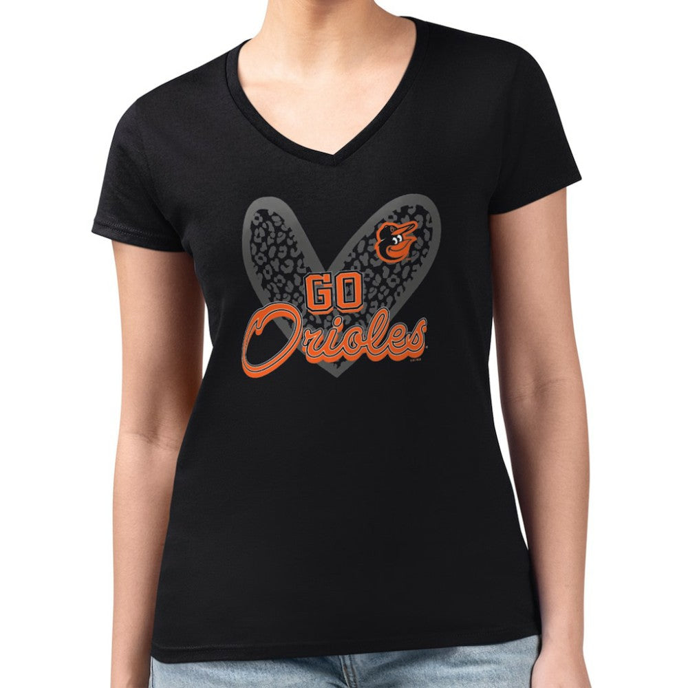 Black Baltimore Orioles G-III 4Her by Carl Banks Women's Super-Slim Fit Lightweight Leopard Heart V-Neck T-Shirt
