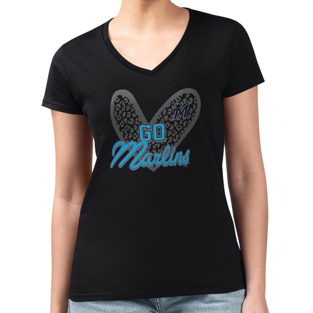 Black Miami Marlins G-III 4Her by Carl Banks Women's Super-Slim Fit Lightweight Leopard Heart V-Neck T-Shirt