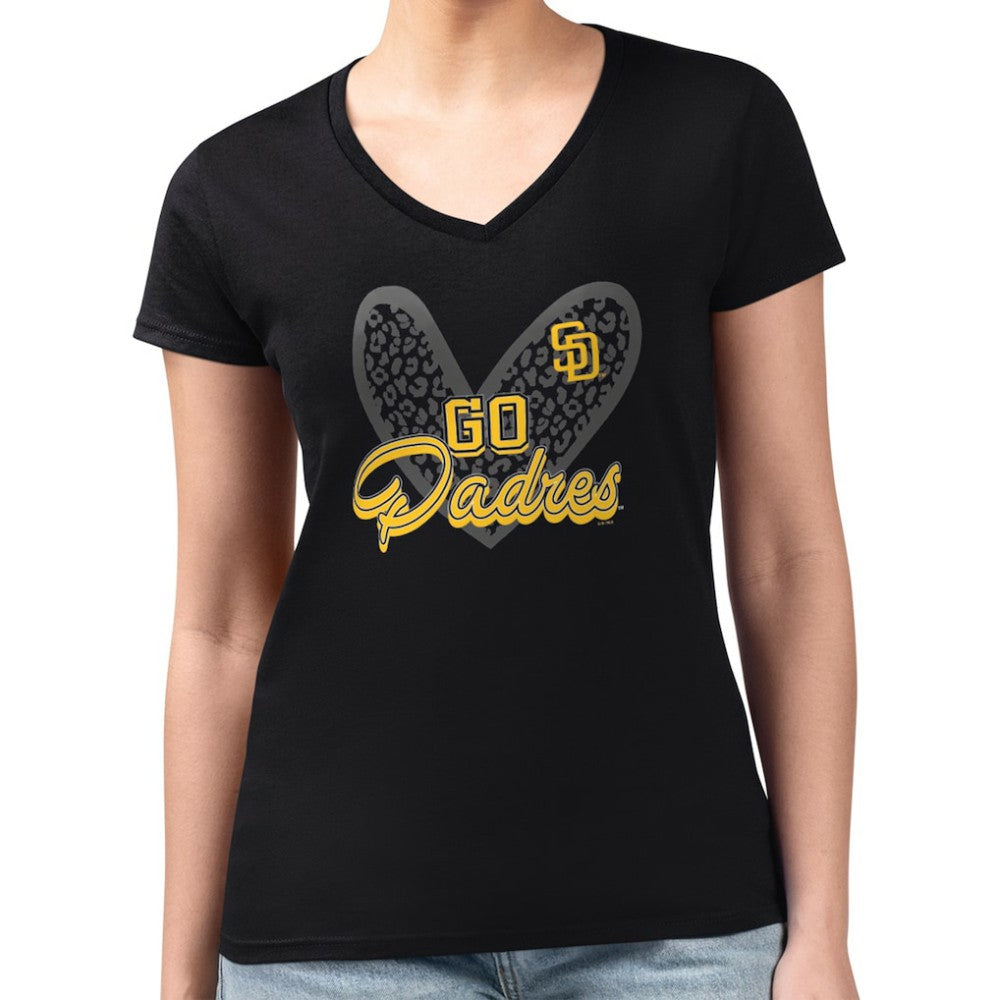 Black San Diego Padres G-III 4Her by Carl Banks Women's Super-Slim Fit Lightweight Leopard Heart V-Neck T-Shirt