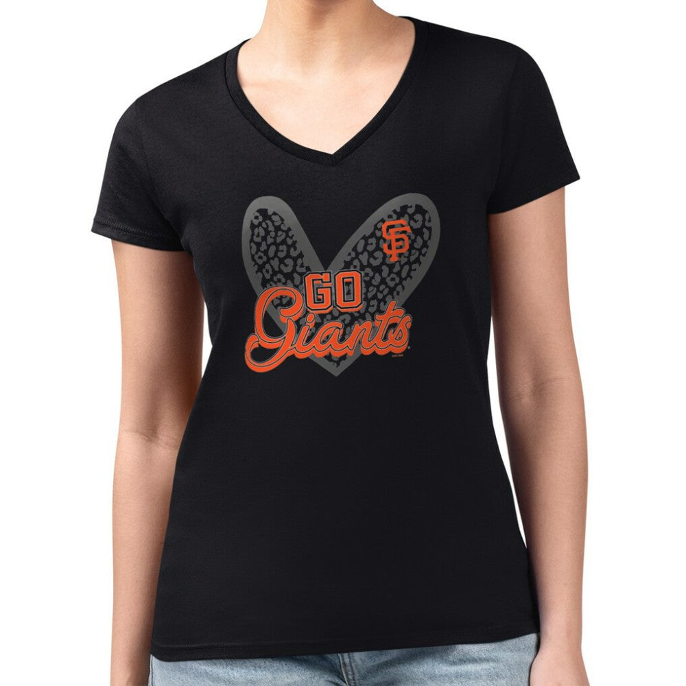 Black San Francisco Giants G-III 4Her by Carl Banks Women's Super-Slim Fit Lightweight Leopard Heart V-Neck T-Shirt