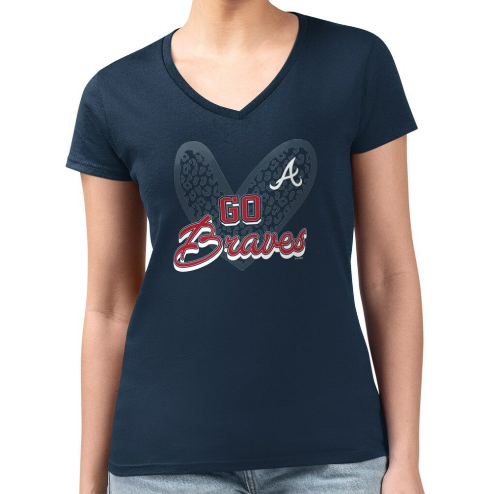Navy Atlanta Braves G-III 4Her by Carl Banks Women's Super-Slim Fit Lightweight Leopard Heart V-Neck T-Shirt