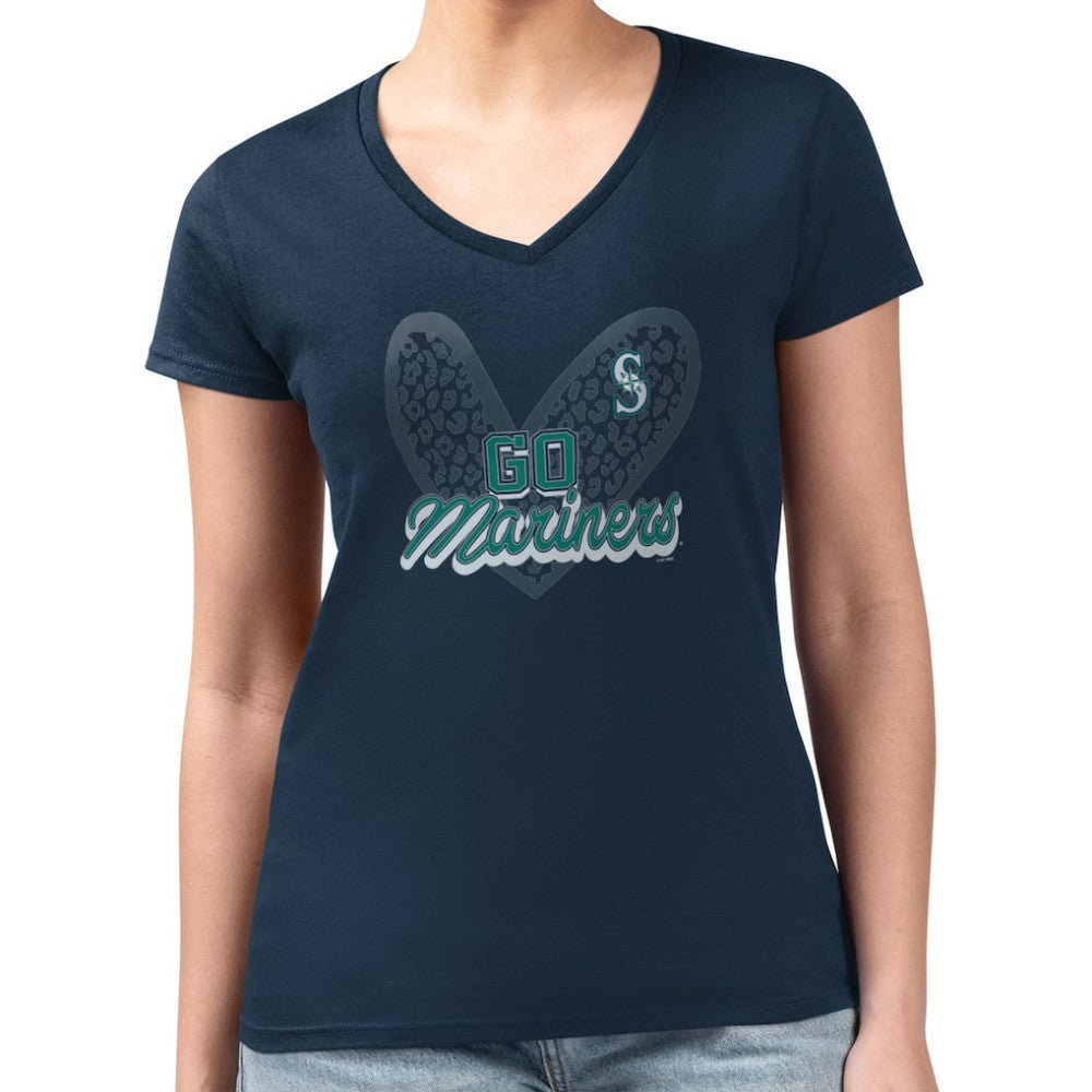 Navy Seattle Mariners G-III 4Her by Carl Banks Women's Super-Slim Fit Lightweight Leopard Heart V-Neck T-Shirt