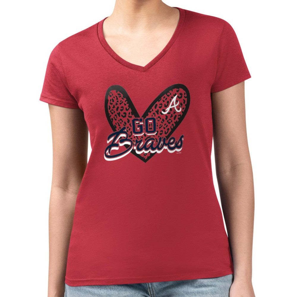 Red Atlanta Braves G-III 4Her by Carl Banks Women's Super-Slim Fit Lightweight Leopard Heart V-Neck T-Shirt