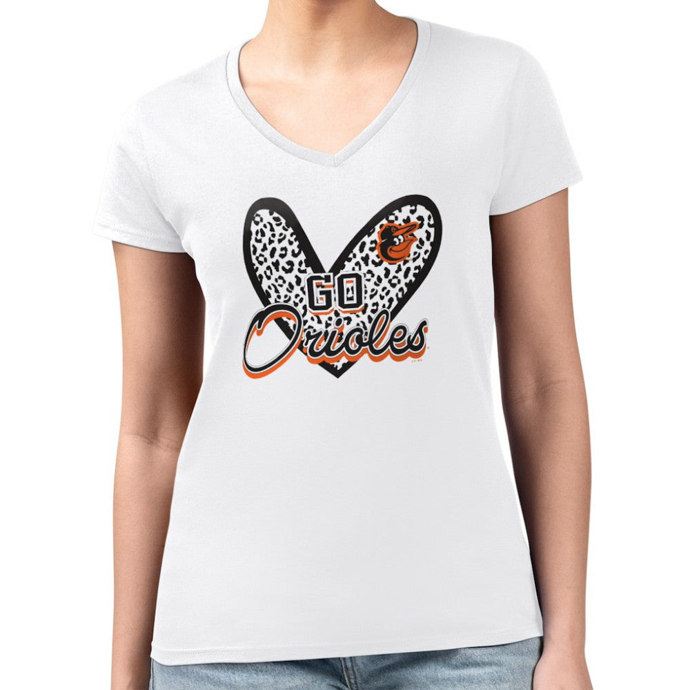 White Baltimore Orioles G-III 4Her by Carl Banks Women's Super-Slim Fit Lightweight Leopard Heart V-Neck T-Shirt