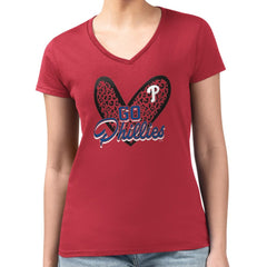 Red Philadelphia Phillies G-III 4Her by Carl Banks Women's Super-Slim Fit Lightweight Leopard Heart V-Neck T-Shirt