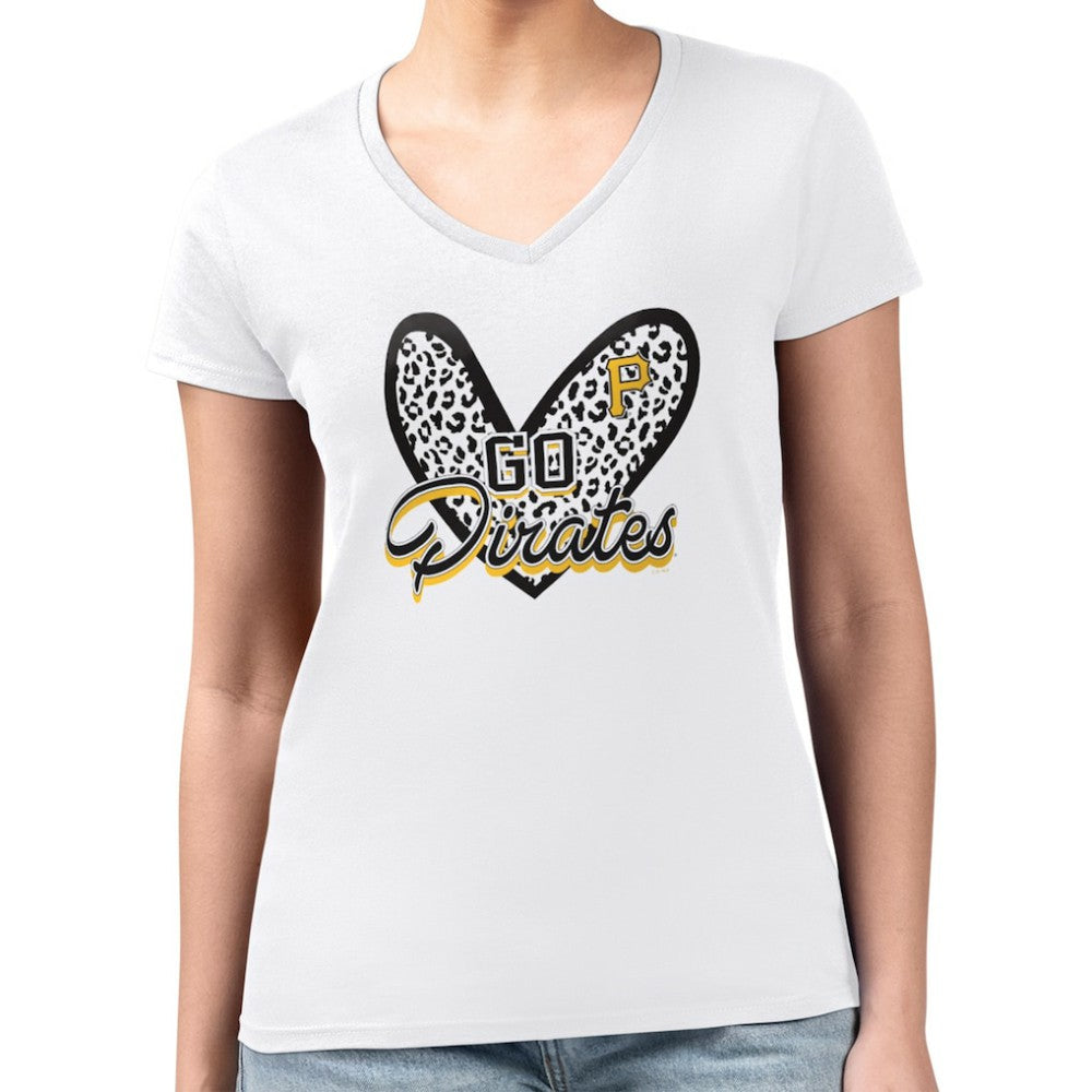 White Pittsburgh Pirates G-III 4Her by Carl Banks Women's Super-Slim Fit Lightweight Leopard Heart V-Neck T-Shirt