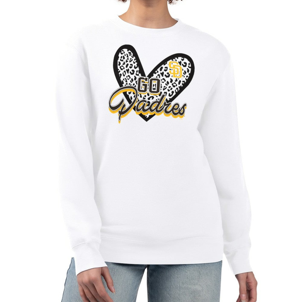 White San Diego Padres G-III 4Her by Carl Banks Women's Leopard Heart Pullover Sweatshirt