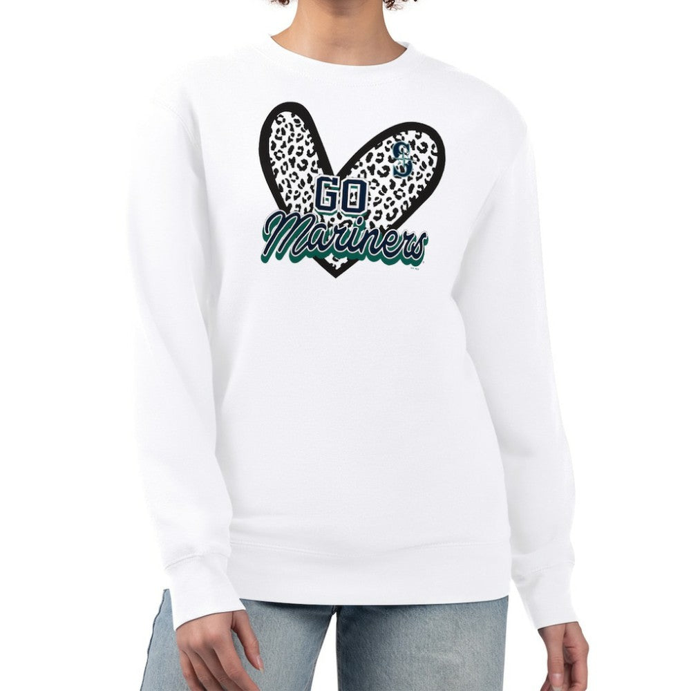 White Seattle Mariners G-III 4Her by Carl Banks Women's Leopard Heart Pullover Sweatshirt