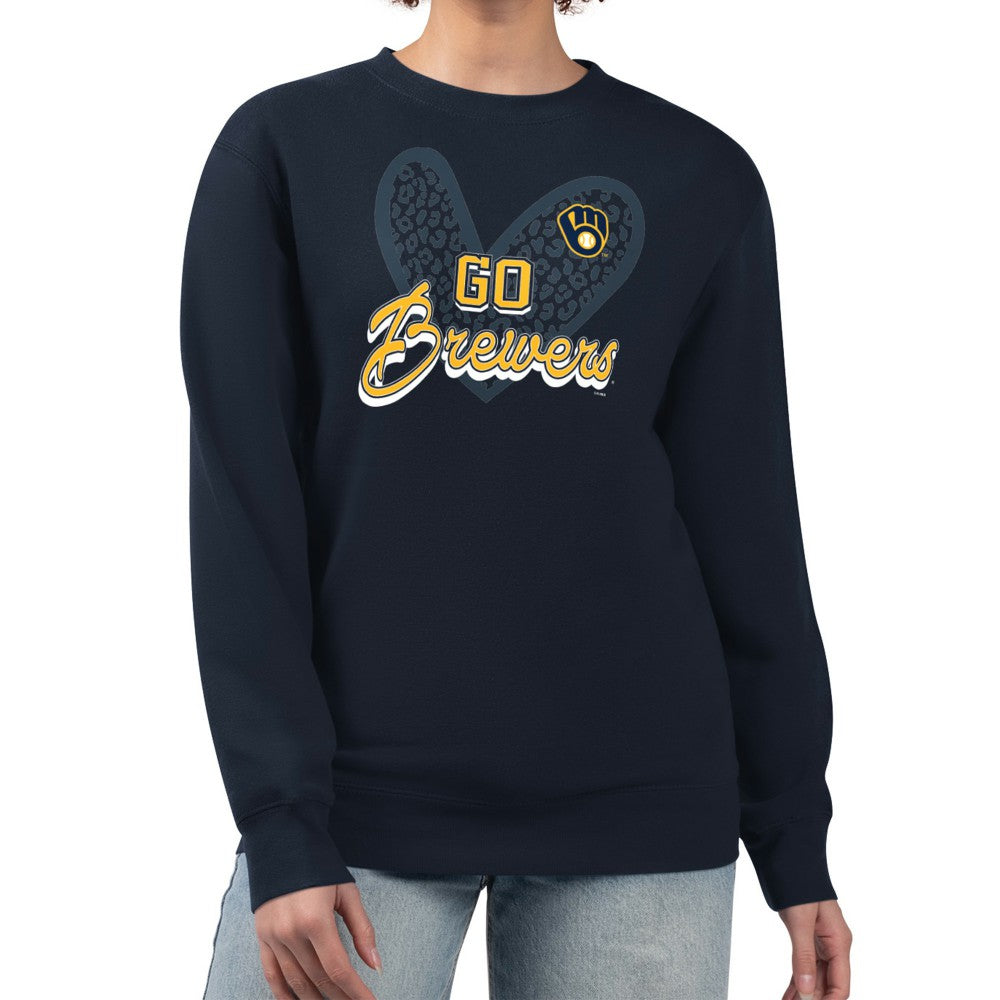 Navy Milwaukee Brewers G-III 4Her by Carl Banks Women's Leopard Heart Pullover Sweatshirt