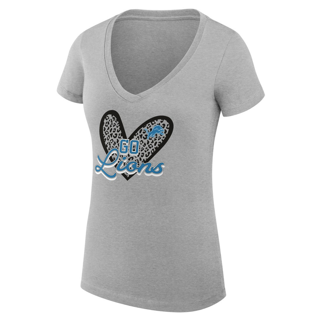 G-III 4Her by Carl Banks Women's Super-Slim Fit Lightweight Leopard Heart V-Neck T-Shirt - Detroit Lions T-shirts