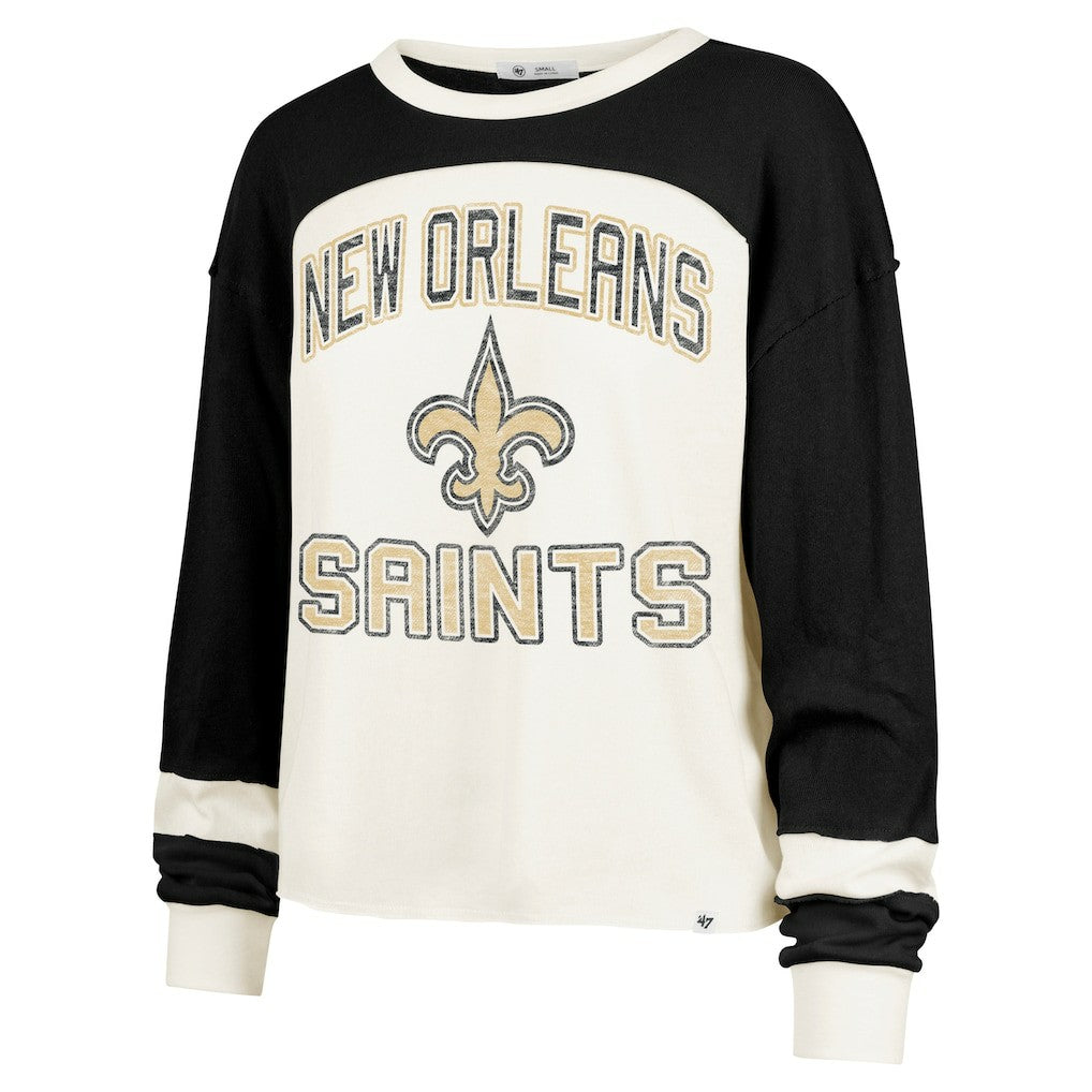 '47 Women's Double Header Curve Raglan Long Sleeve Crop Top - New Orleans Saints Tops