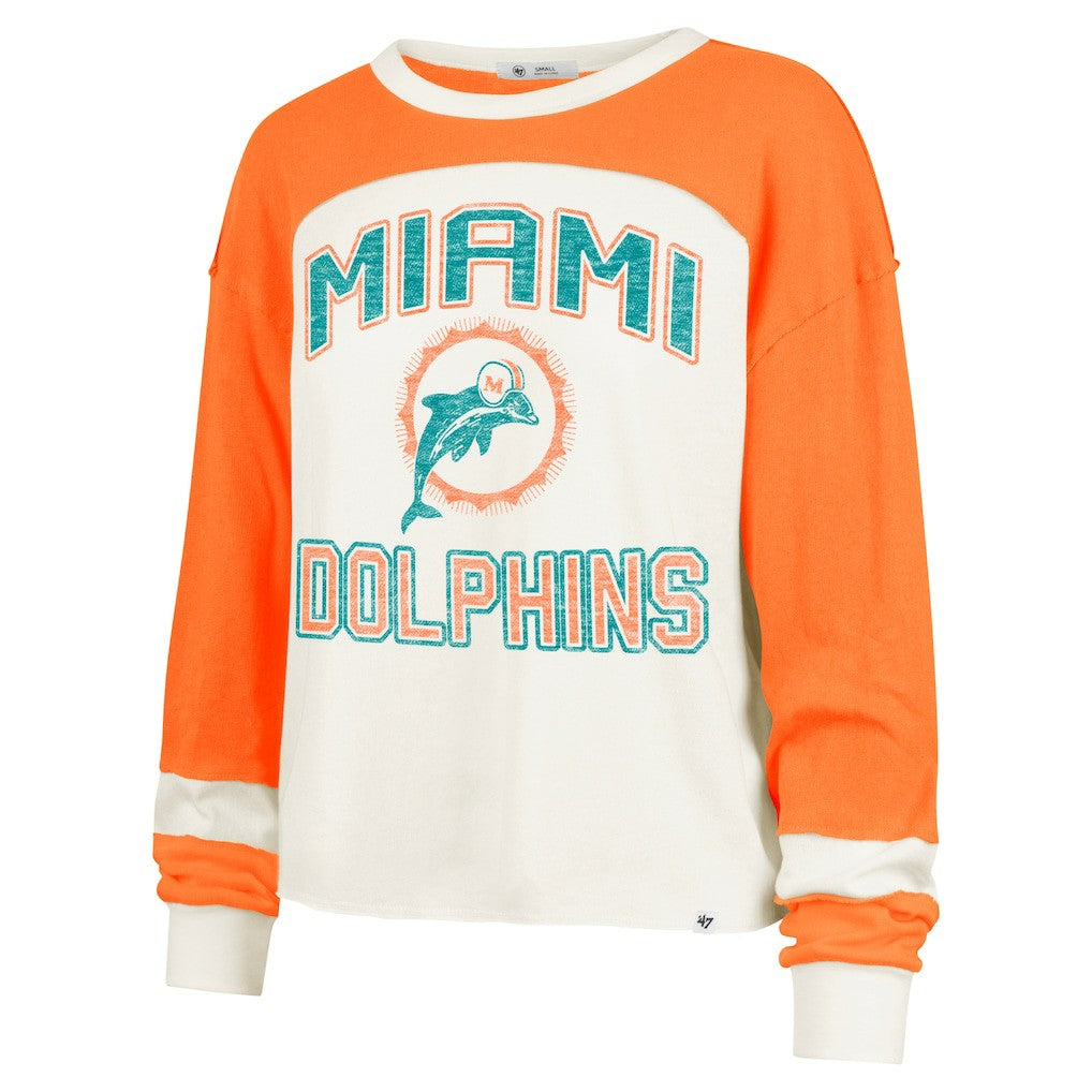 '47 Women's Double Header Curve Raglan Long Sleeve Crop Top - Miami Dolphins Tops