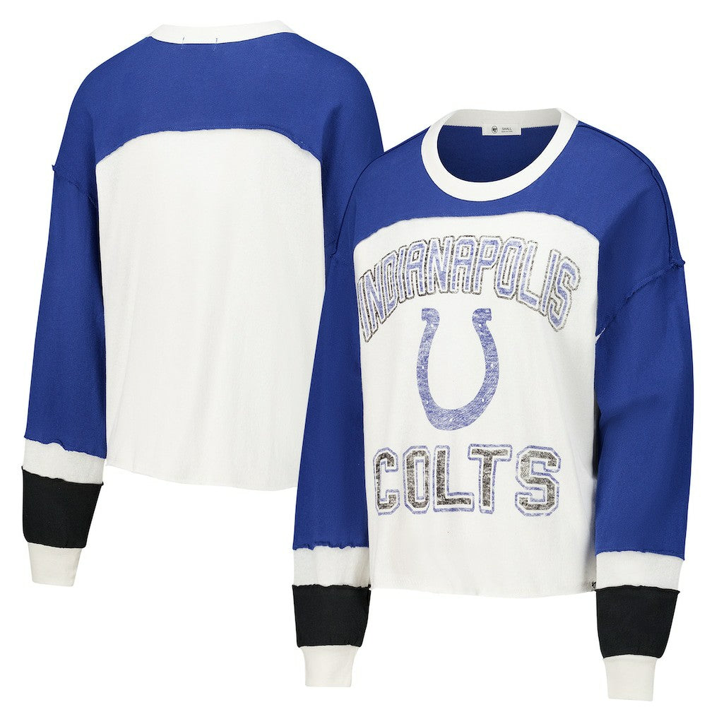 '47 Women's Double Header Curve Raglan Long Sleeve Crop Top - Indianapolis Colts Tops
