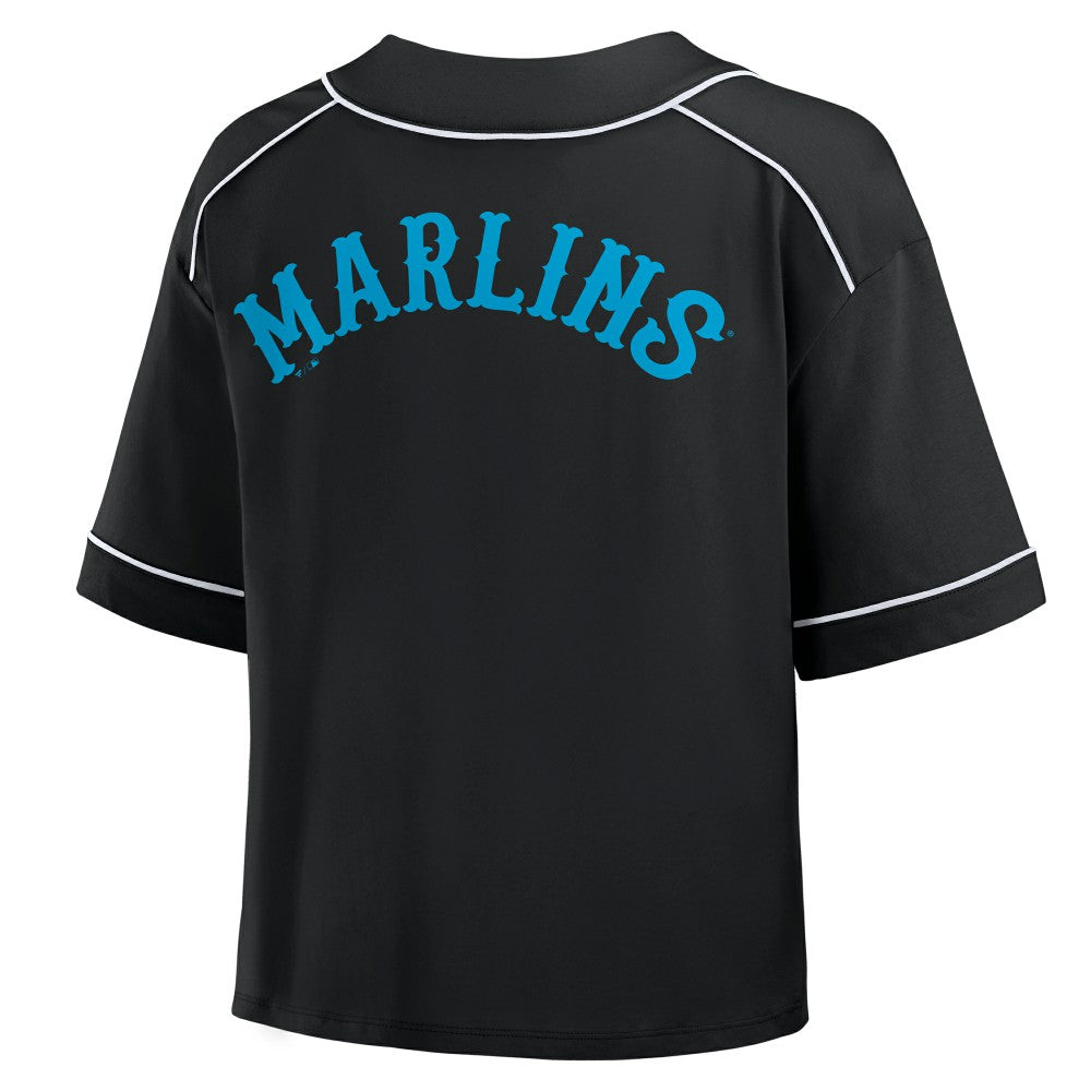 Black Miami Marlins Fanatics Women's Oversized Champ Game Cropped  V-Neck T-Shirt