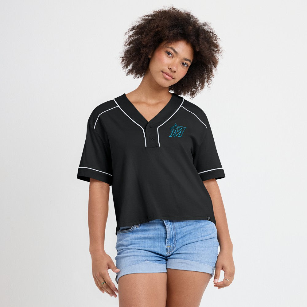 Black Miami Marlins Fanatics Women's Oversized Champ Game Cropped  V-Neck T-Shirt