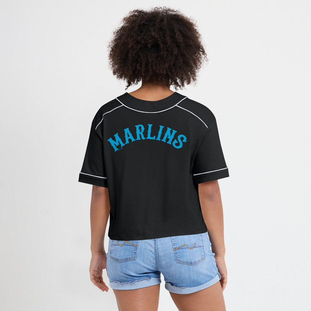 Black Miami Marlins Fanatics Women's Oversized Champ Game Cropped  V-Neck T-Shirt