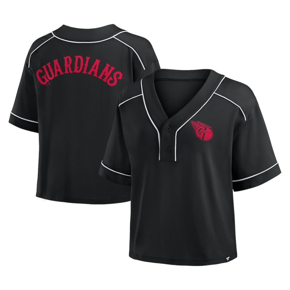 Black Cleveland Guardians Fanatics Women's Oversized Champ Game Cropped  V-Neck T-Shirt