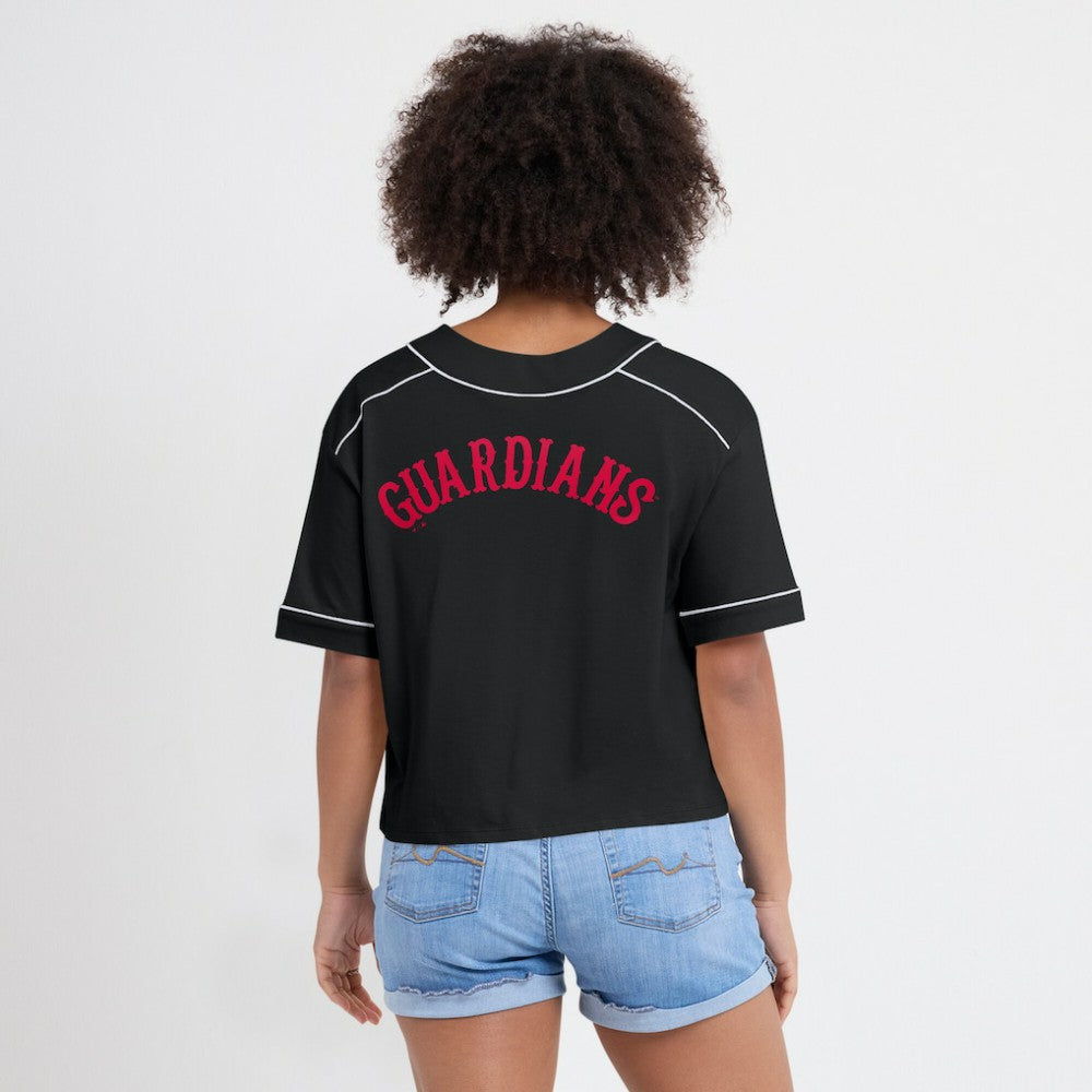 Black Cleveland Guardians Fanatics Women's Oversized Champ Game Cropped  V-Neck T-Shirt