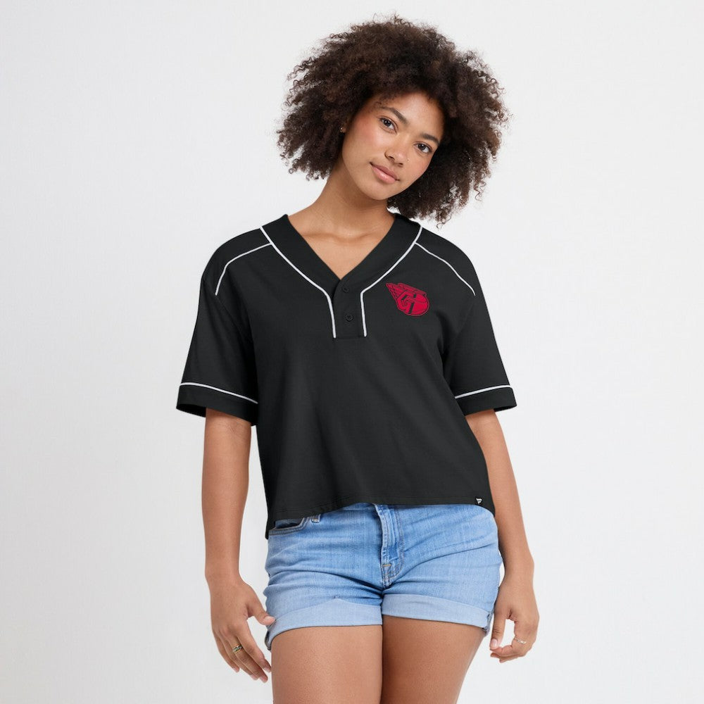 Black Cleveland Guardians Fanatics Women's Oversized Champ Game Cropped  V-Neck T-Shirt