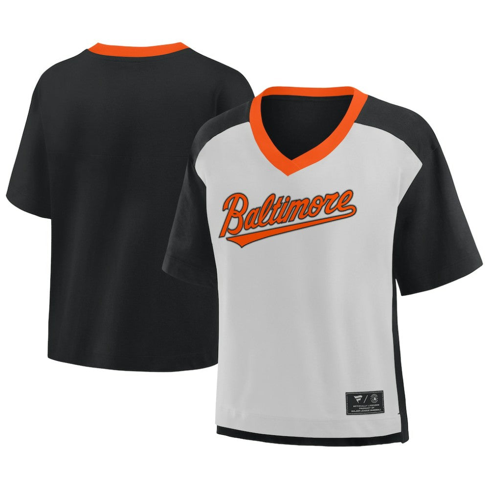Black/Graphite Baltimore Orioles Fanatics Oversized Race To Win V-Neck T-Shirt