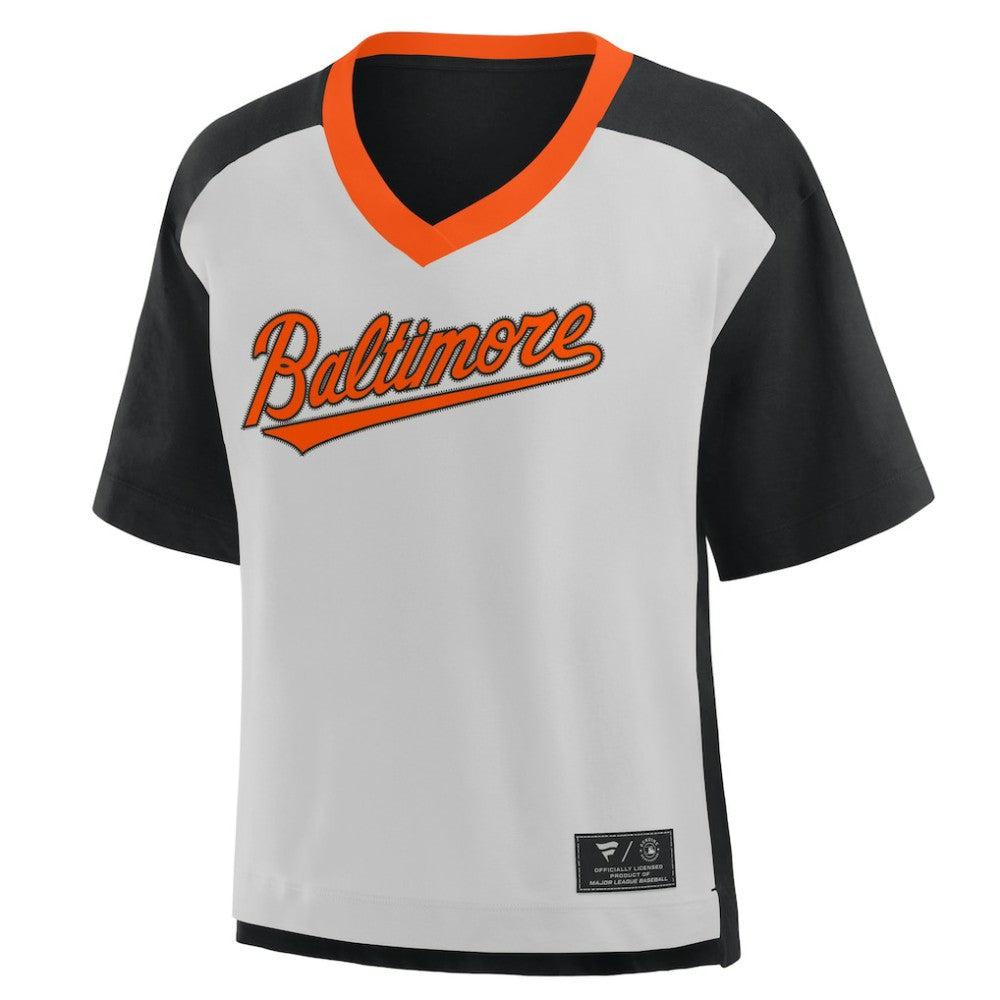Black/Graphite Baltimore Orioles Fanatics Oversized Race To Win V-Neck T-Shirt