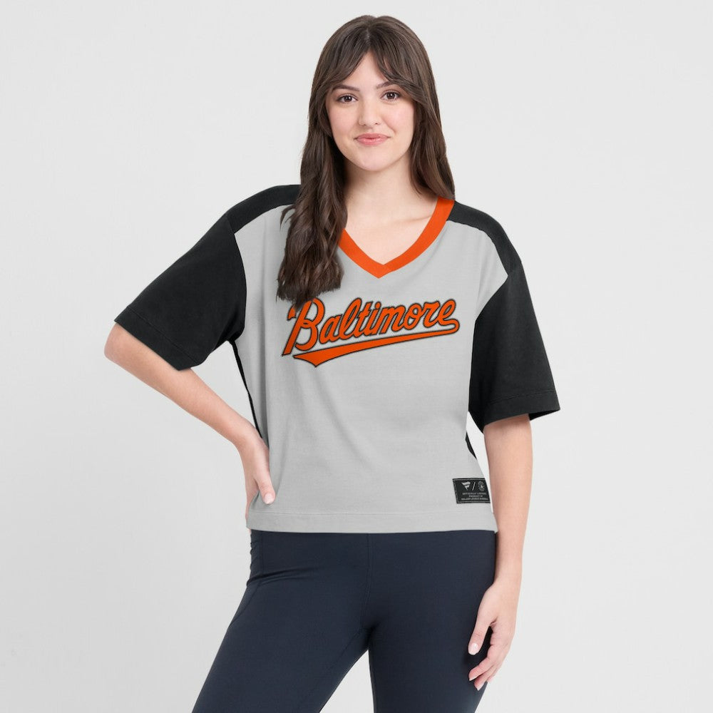 Black/Graphite Baltimore Orioles Fanatics Oversized Race To Win V-Neck T-Shirt