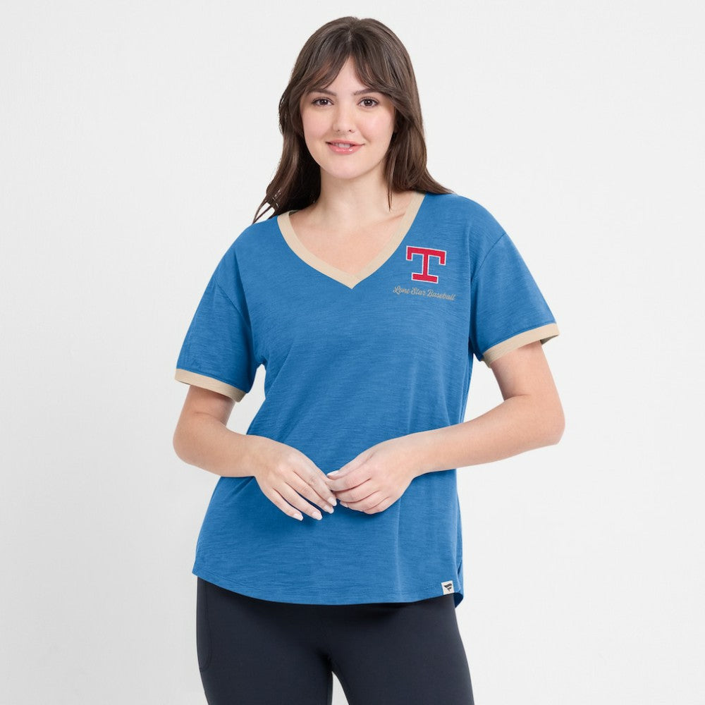 Royal Texas Rangers Fanatics Women's Binge Worthy Stadium Slub V-Neck T-Shirt
