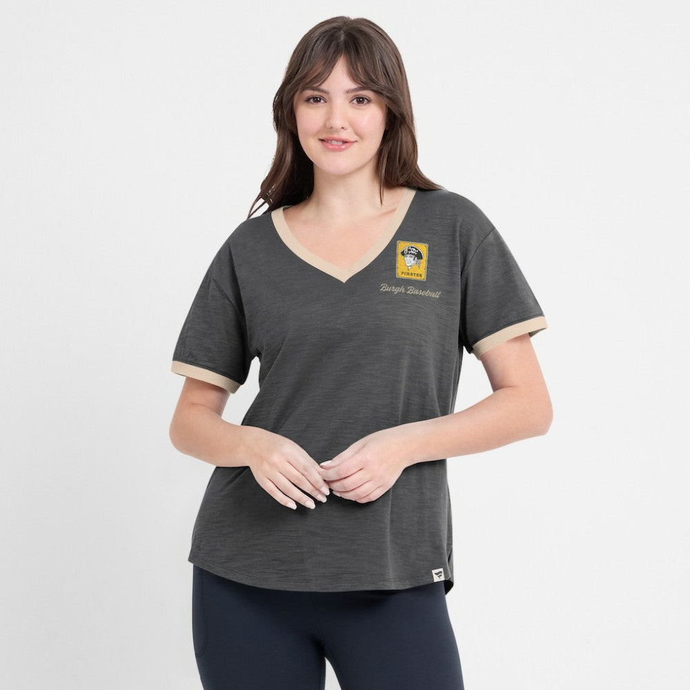 Black Pittsburgh Pirates Fanatics Women's Binge Worthy Stadium Slub V-Neck T-Shirt