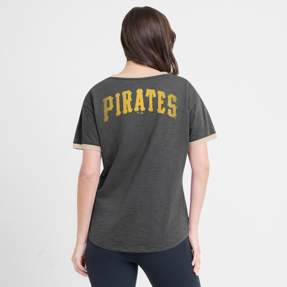 Black Pittsburgh Pirates Fanatics Women's Binge Worthy Stadium Slub V-Neck T-Shirt