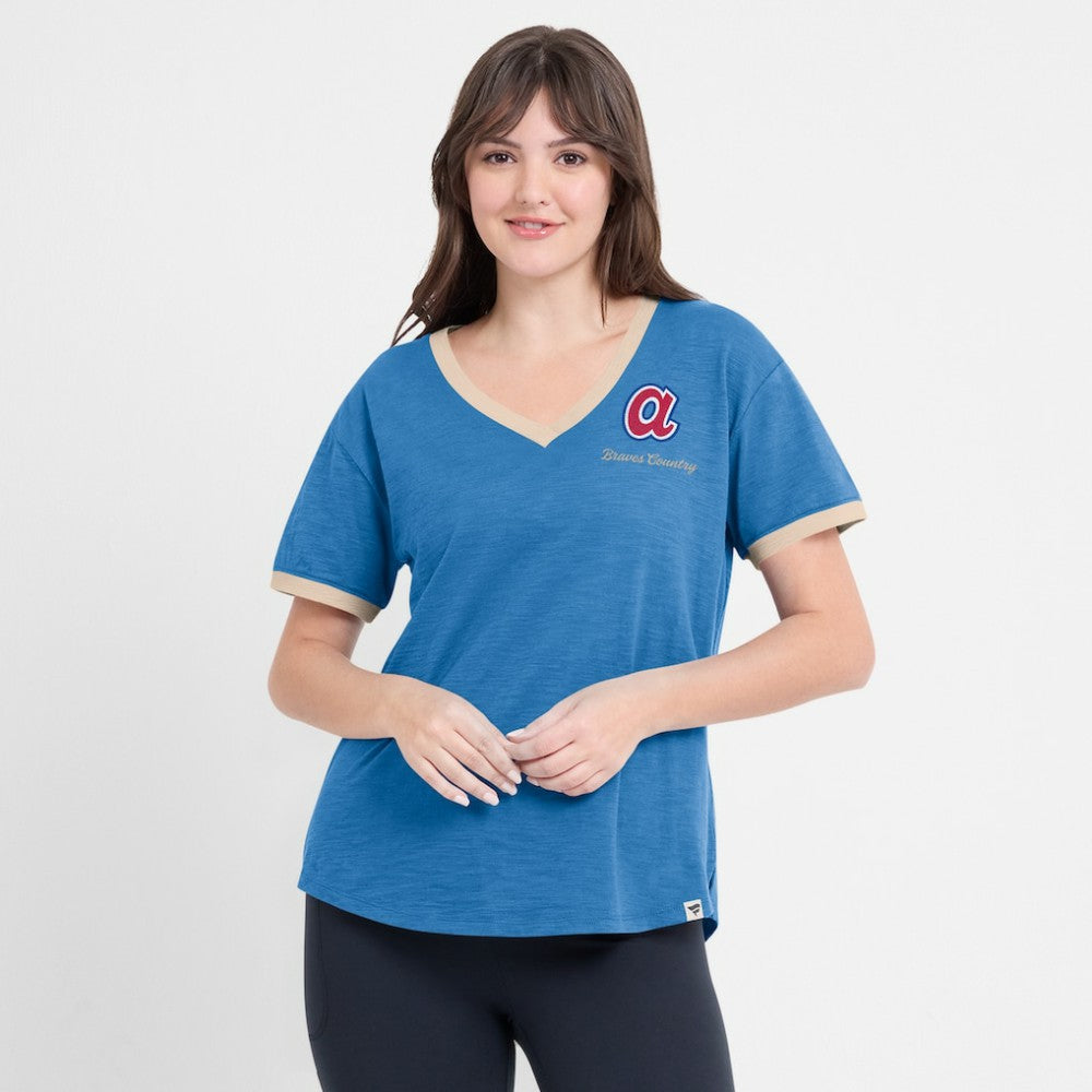 Royal Atlanta Braves Fanatics Women's Binge Worthy Stadium Slub V-Neck T-Shirt