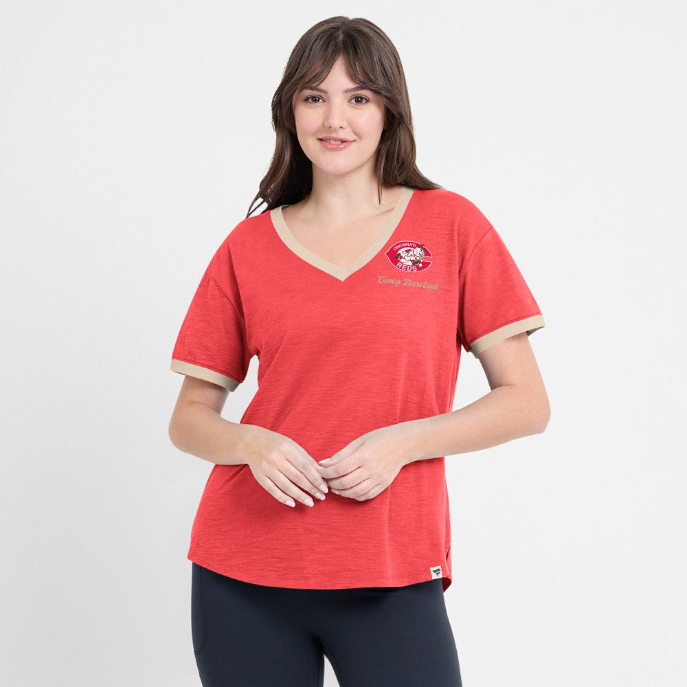 Red Cincinnati Reds Fanatics Women's Binge Worthy Stadium Slub V-Neck T-Shirt