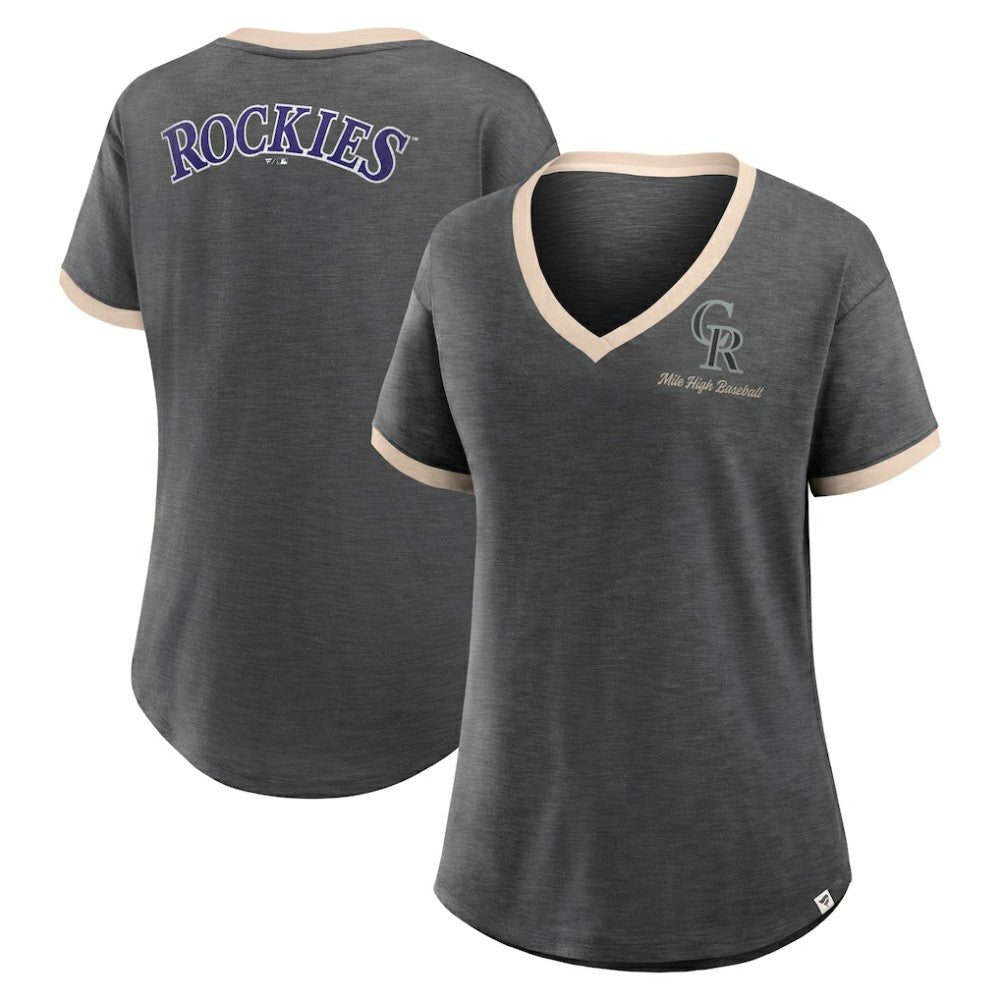 Black Colorado Rockies Fanatics Women's Binge Worthy Stadium Slub V-Neck T-Shirt