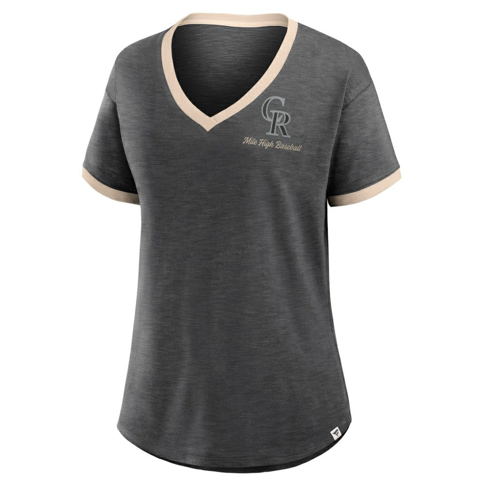 Black Colorado Rockies Fanatics Women's Binge Worthy Stadium Slub V-Neck T-Shirt