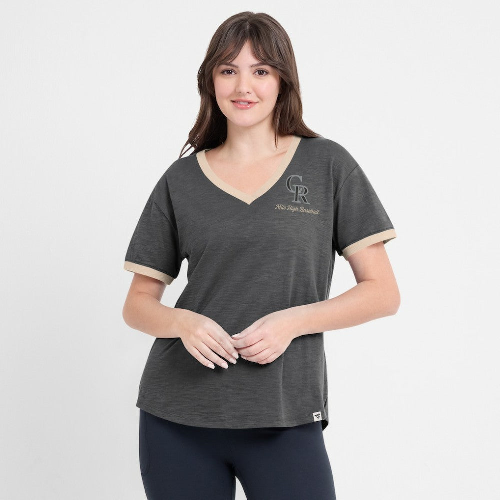 Black Colorado Rockies Fanatics Women's Binge Worthy Stadium Slub V-Neck T-Shirt