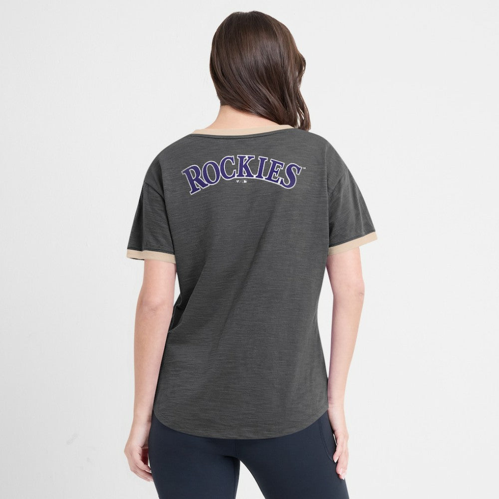 Black Colorado Rockies Fanatics Women's Binge Worthy Stadium Slub V-Neck T-Shirt