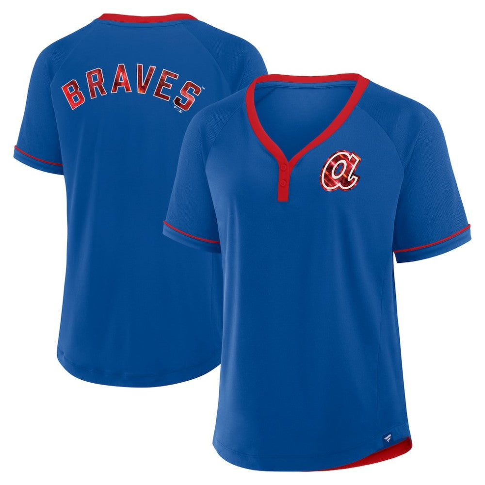 Royal Atlanta Braves Fanatics Women's Cooperstown Collection League Diva Raglan V-Neck T-Shirt