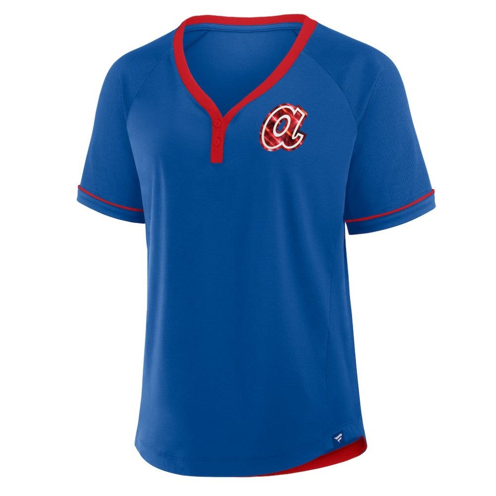 Royal Atlanta Braves Fanatics Women's Cooperstown Collection League Diva Raglan V-Neck T-Shirt