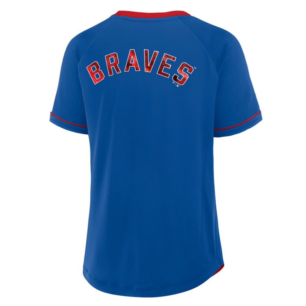 Royal Atlanta Braves Fanatics Women's Cooperstown Collection League Diva Raglan V-Neck T-Shirt