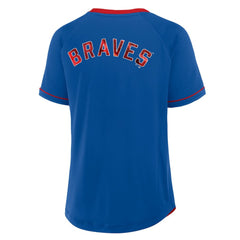 Royal Atlanta Braves Fanatics Women's Cooperstown Collection League Diva Raglan V-Neck T-Shirt