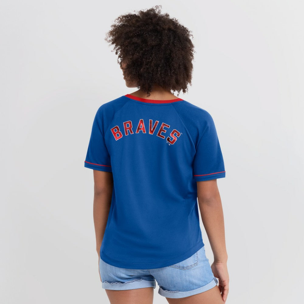 Royal Atlanta Braves Fanatics Women's Cooperstown Collection League Diva Raglan V-Neck T-Shirt