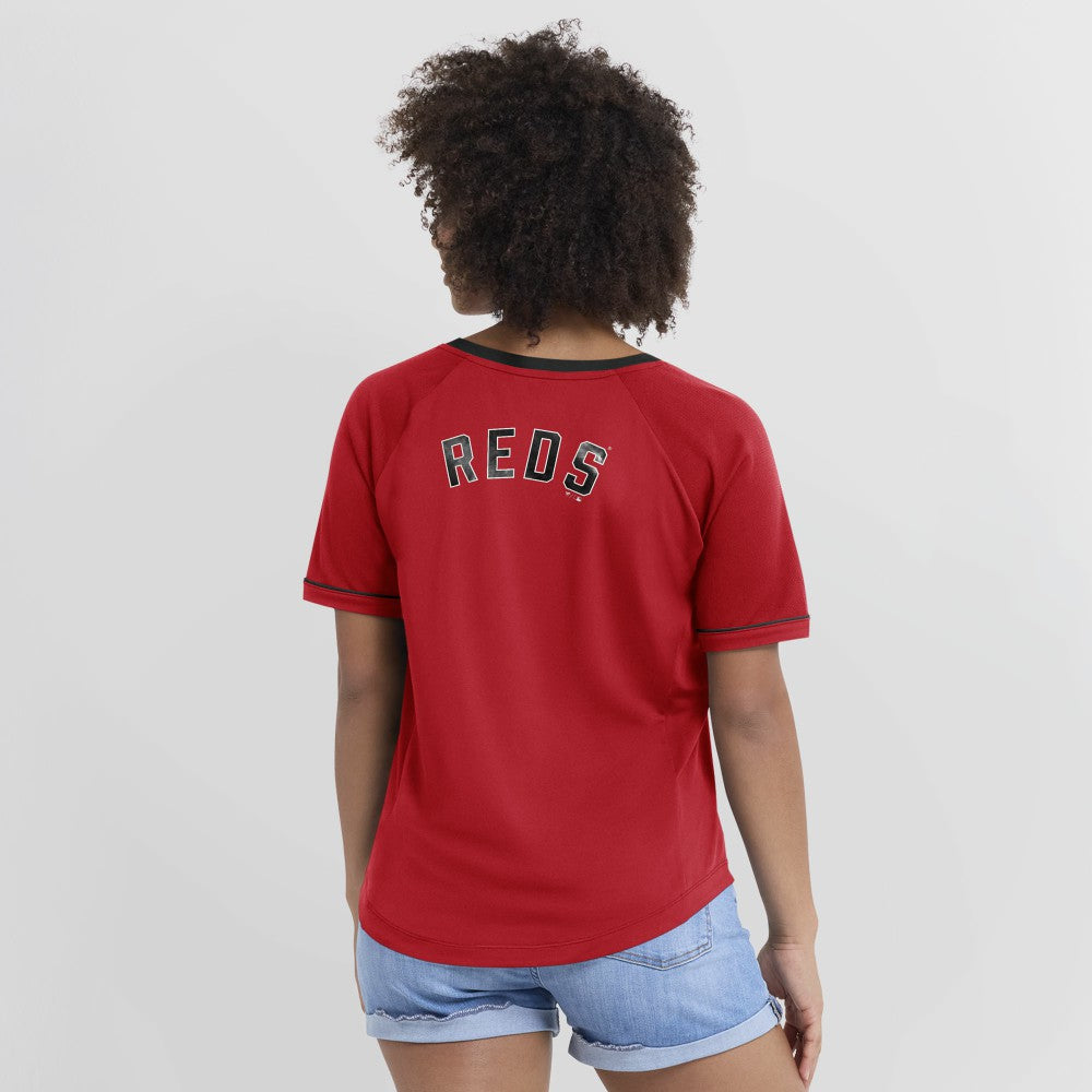 Red Cincinnati Reds Fanatics Women's Cooperstown Collection League Diva Raglan V-Neck T-Shirt