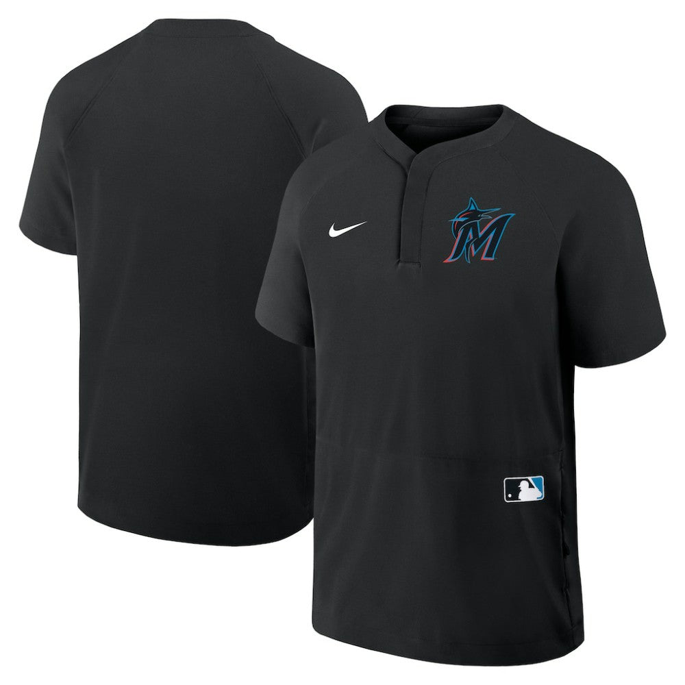 Black Miami Marlins Nike Authentic Collection Raglan Short Sleeve Windshirt