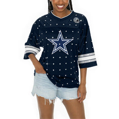Gameday Couture Women's Kickoff Time Allover Rhinestone Sports Stripe Jersey V-Neck T-Shirt - Dallas Cowboys T-shirts